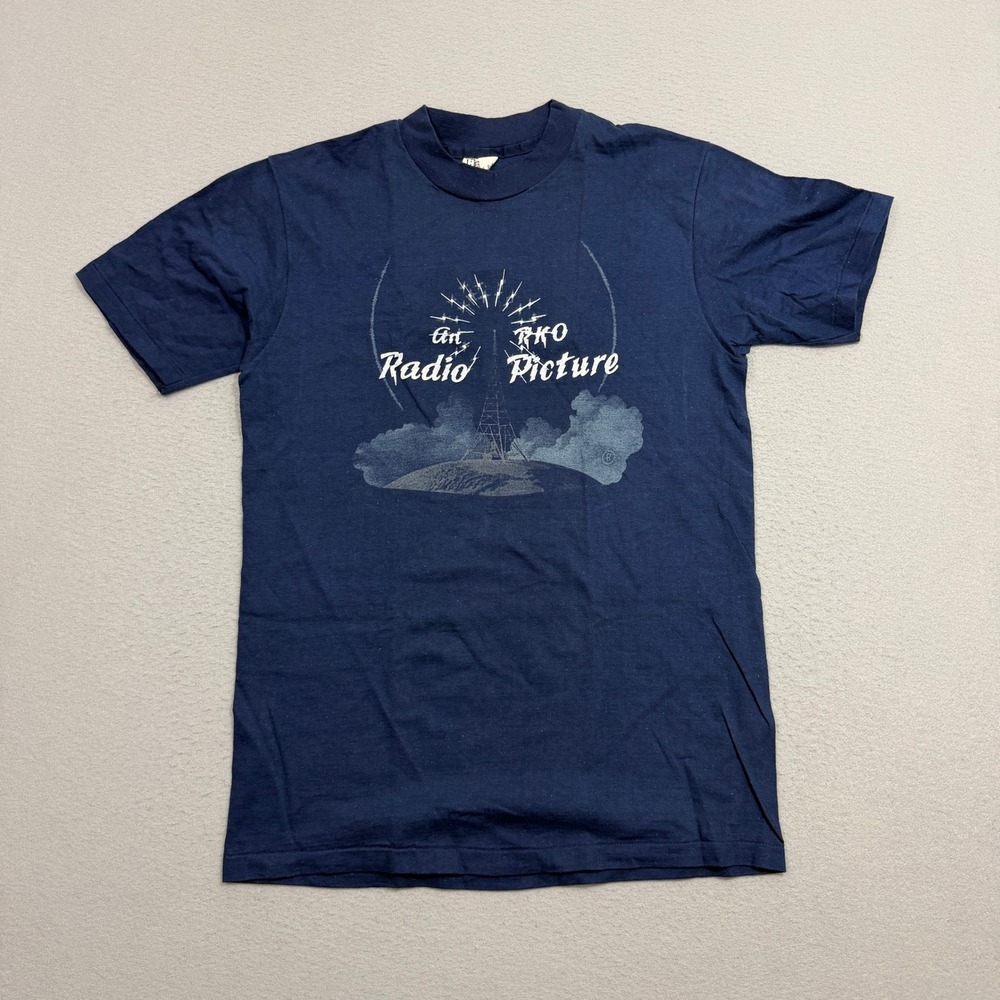 VTG 80s RKO Radio Pictures Movie Promo T Shirt Navy Blue Hanes Beefy T Large USA
